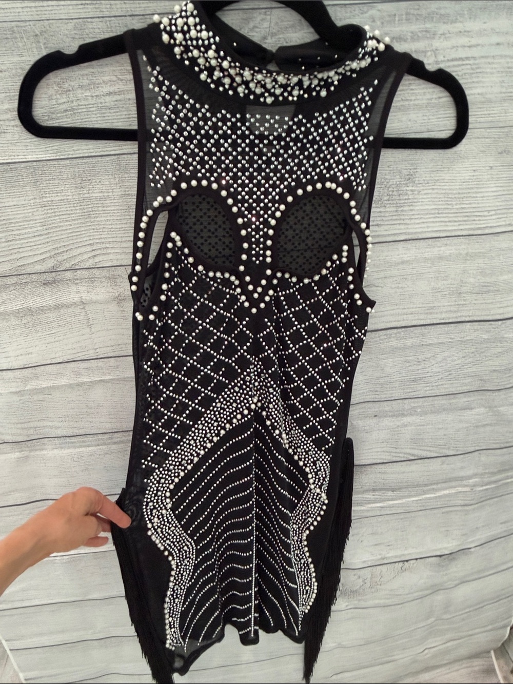 Black Beaded Fringe Cocktail Dress with Rhinestones